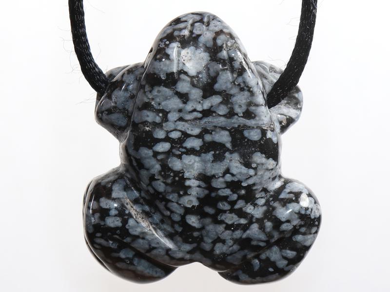 necklace on leather strap  cotton cord frog --- stone size: 26 x 22 mm  1.02 x 0.87 inch Snowflake obsidian