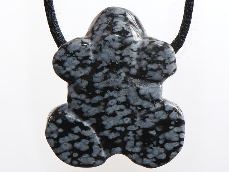 necklace on leather strap  cotton cord frog --- stone size: 26 x 22 mm  1.02 x 0.87 inch Snowflake obsidian