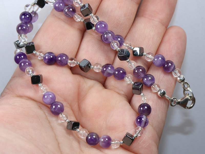 Amethyst, Bergkristall und Hämatit mit Silber 925