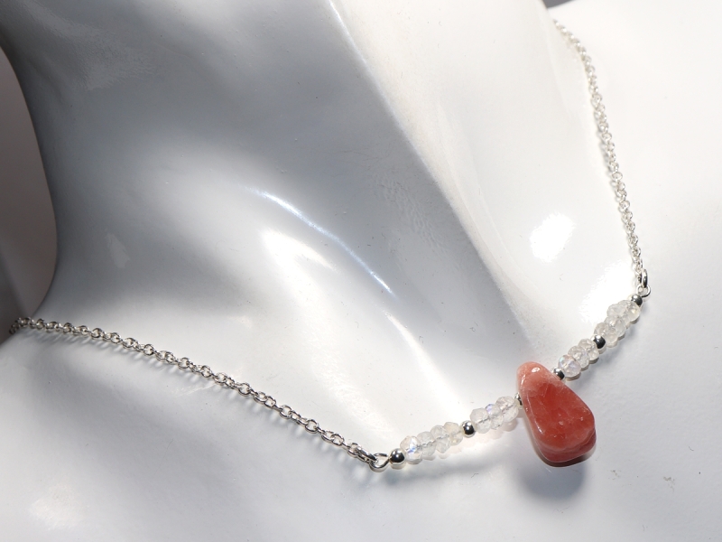 Rhodochrosit und weißer Labradorit mit Silber 925